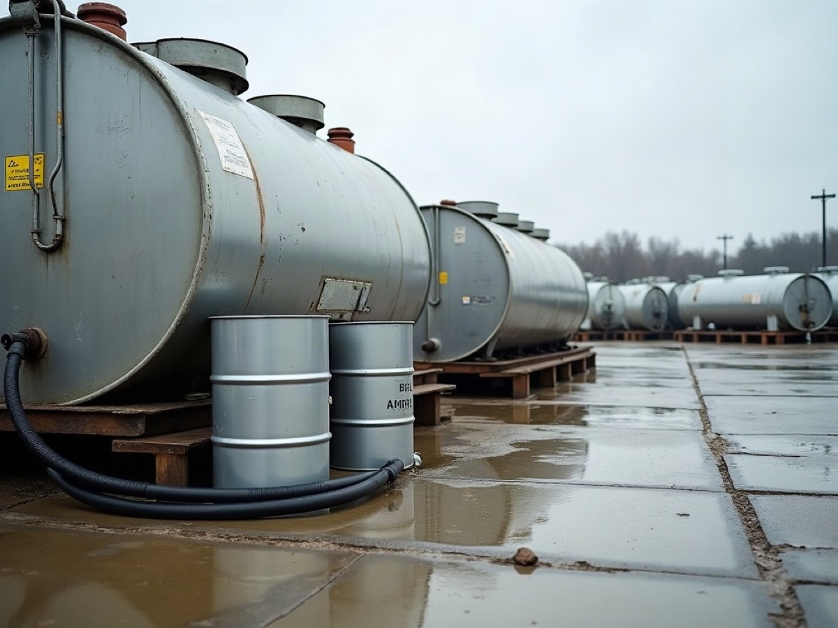 Unmarked steel drums and a coiled fuel hose on a concrete yard beside a generator set