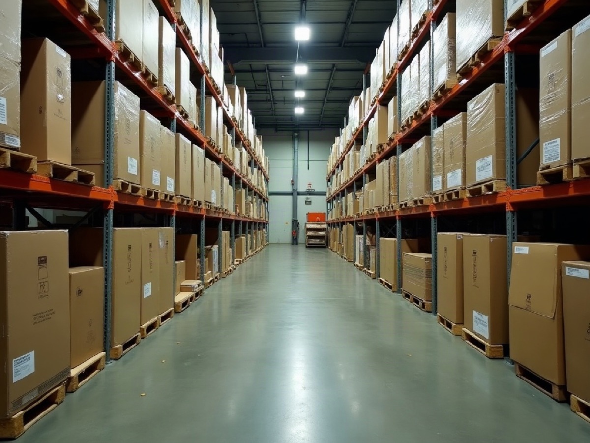 Pallet racks of plain cartons holding appliances and boxed televisions in a wholesale aisle