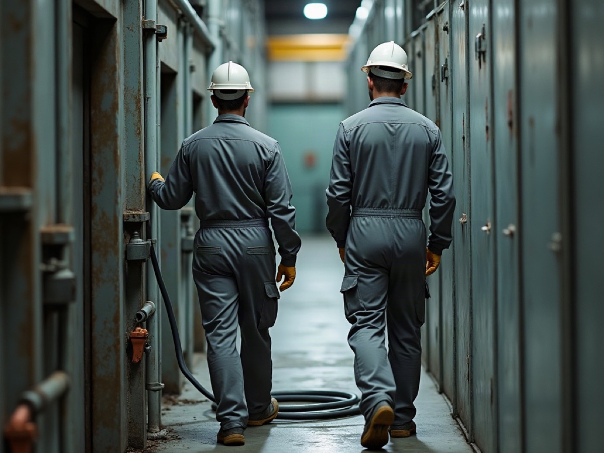 Installers in plain coveralls pulling a power cable along a ladder tray in a plant corridor