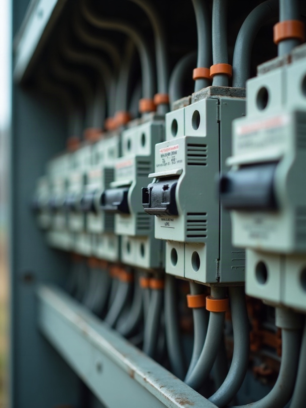 Open distribution panel with dressed wires and copper busbars